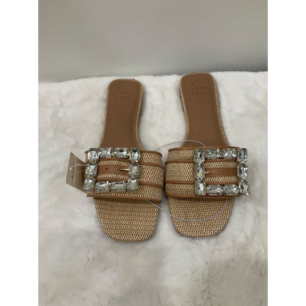 A New Day Kelsey size 9.5 NEW Rhinestone Buckle Slide Sandals, Tan Square Toe - Picture 2 of 6